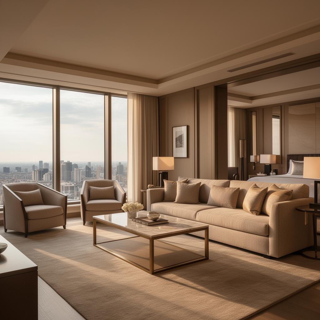 Elegantan enterijer apartmana u apart-hotelu sa pogledom na grad