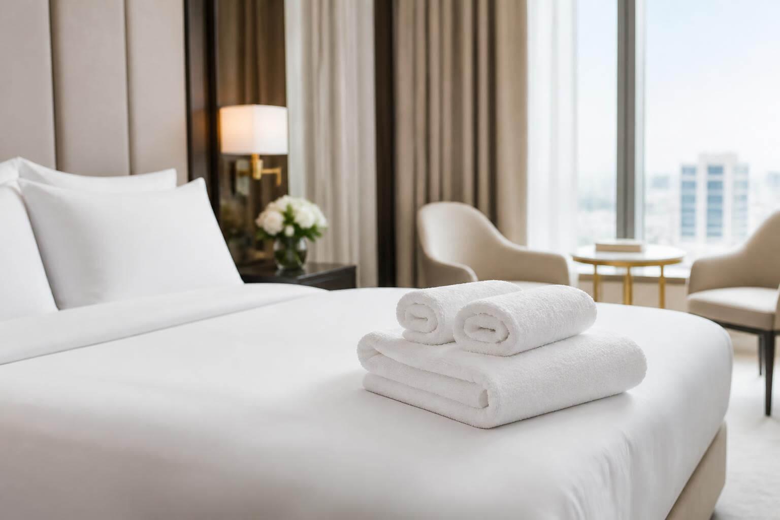 Luksuzna hotelska soba sa uredno savijenim belim peškirima na sveže nameštenom krevetu